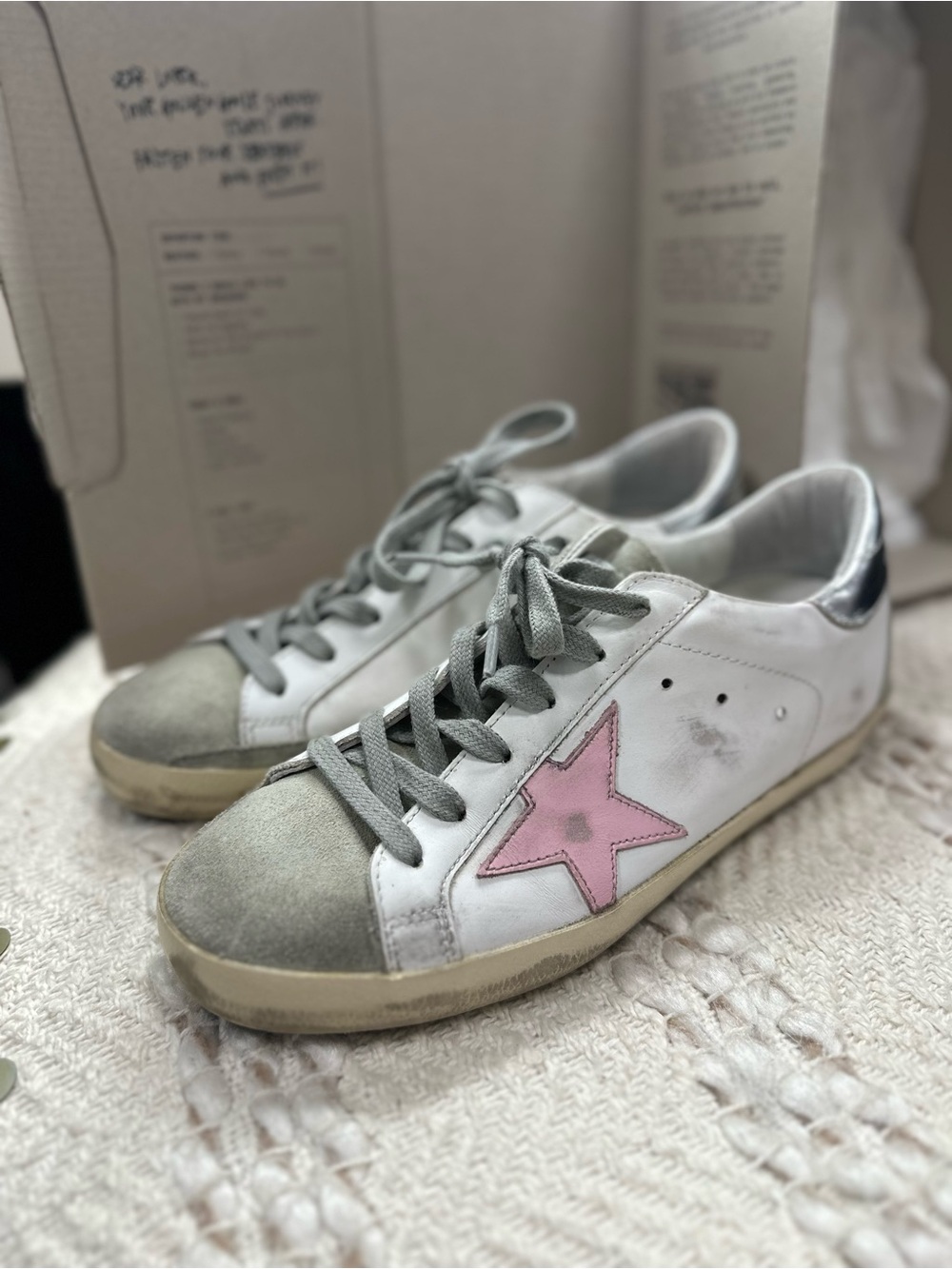 Golden Goose White Sneakers with Pink Star and Gray Accents - Picture 1 of 7